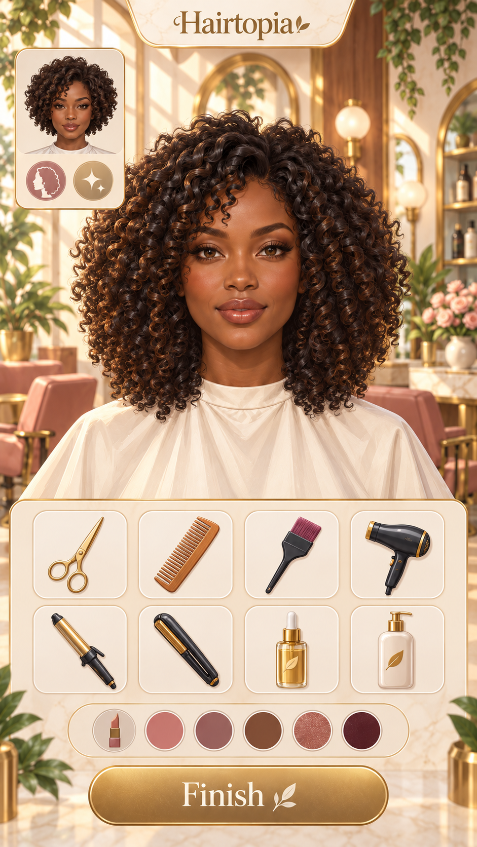 Вертикальный арт-макет Hairtopia: портретная композиция будущего 2D-салона с клиенткой, естественными кудрями и нарисованными инструментами.